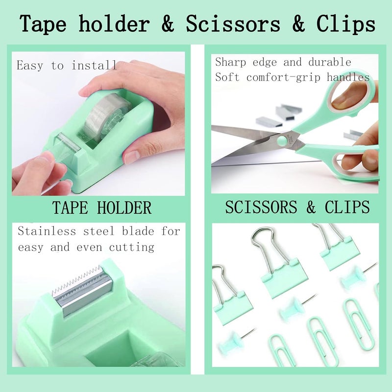 Scindaly Green Office Desk Accessories Supplies, 12pcs Desk Organizers and Accessories with Tape dispenser and Stapler,Staples,Staple Remover,Pen Holder,Scissor,Ruler,Sticky Tabs,Tape,Ballpoint Pen,Clips Set - Image 4